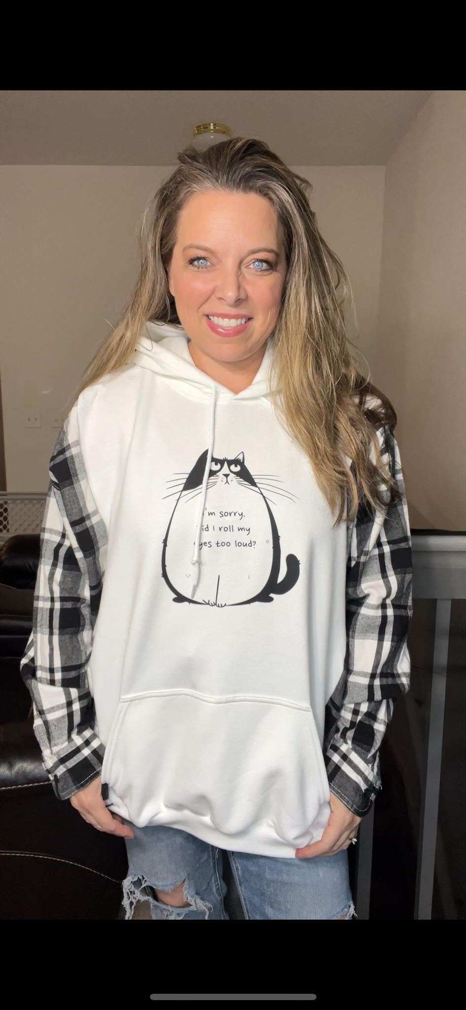 Upcycled Rolled eyes – women’s 3X/4X midweight sweatshirt with flannel sleeves