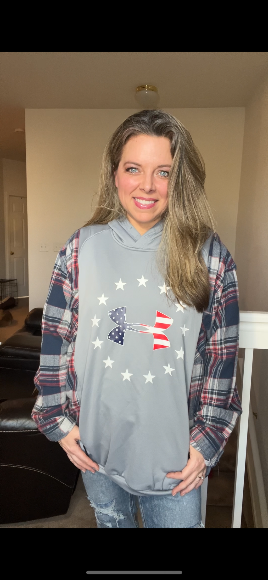 Upcycled ￼UA Flag - women’s 3X – midweight sweatshirt with flannel sleeves ￼