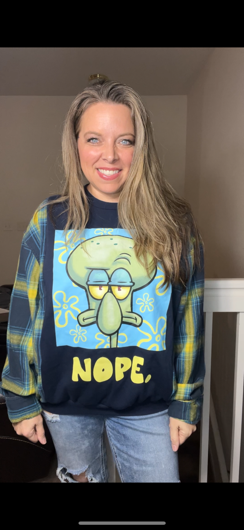 Upcycled Squidward – women’s large midweight sweatshirt with flannel sleeves