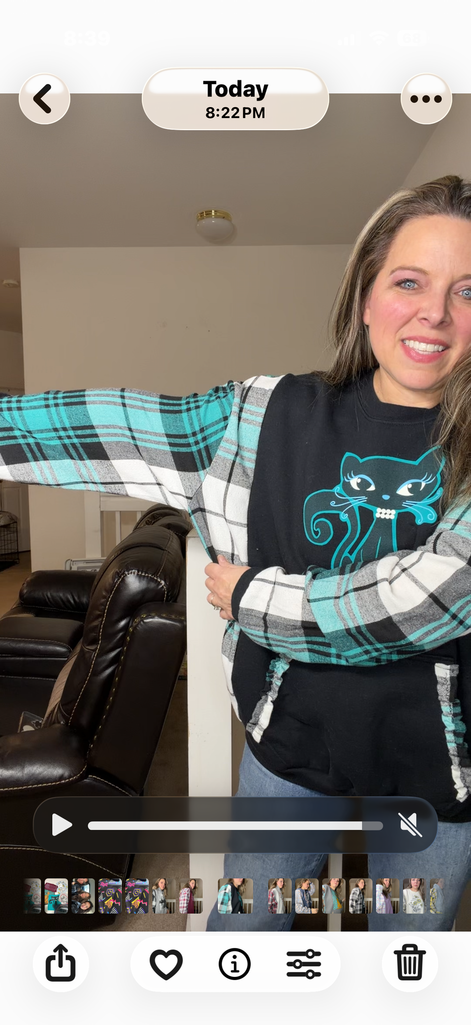 Upcycled Kitty - women's 2X midweight sweatshirt with flannel sleeves