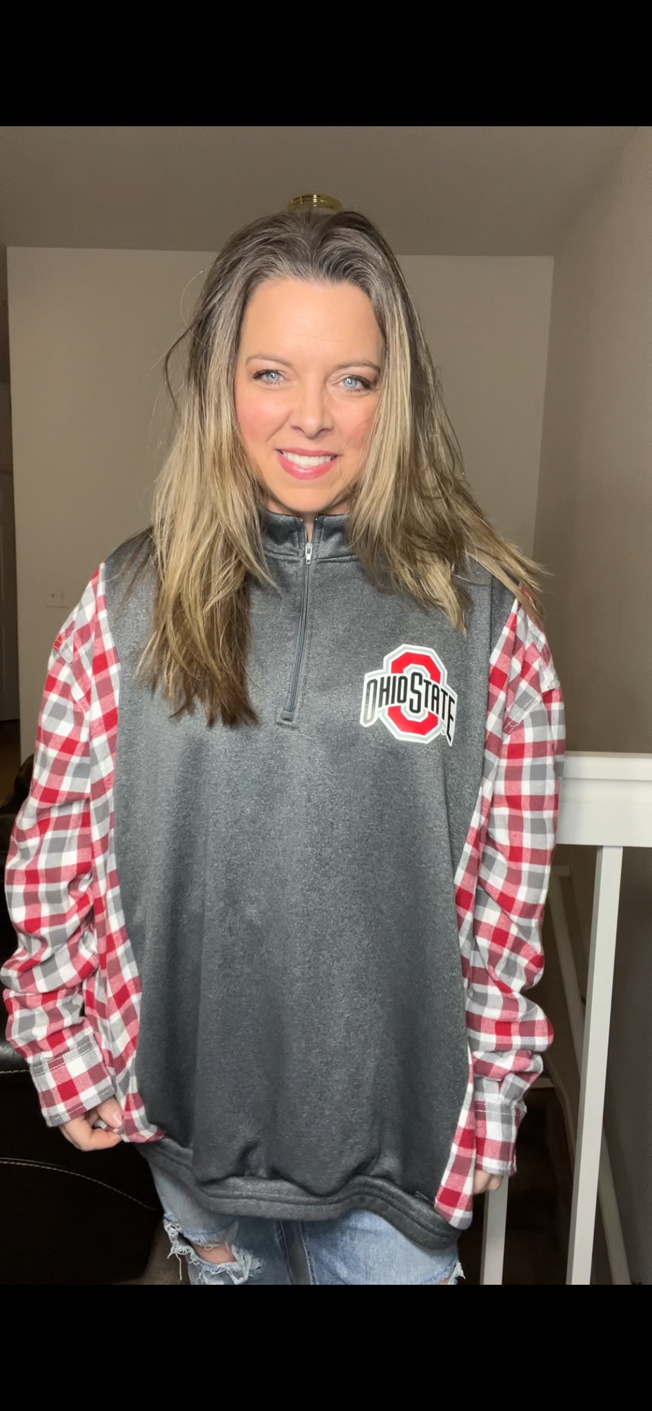Upcycled Ohio State – women’s 3X – middleweight sweatshirt with flannel sleeves – sleeves more fitted