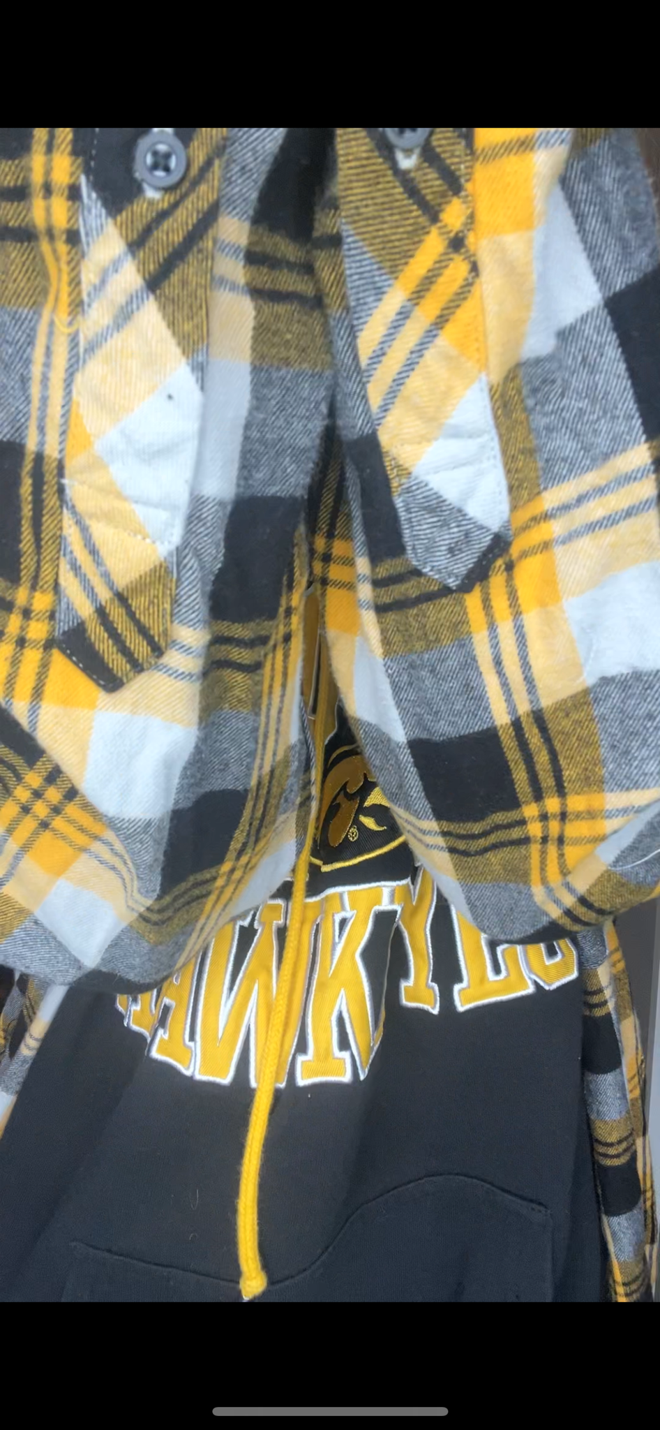 Upcycled Hawkeyes – women’s L/XL - soft, thick sweatshirt with flannel sleeves￼