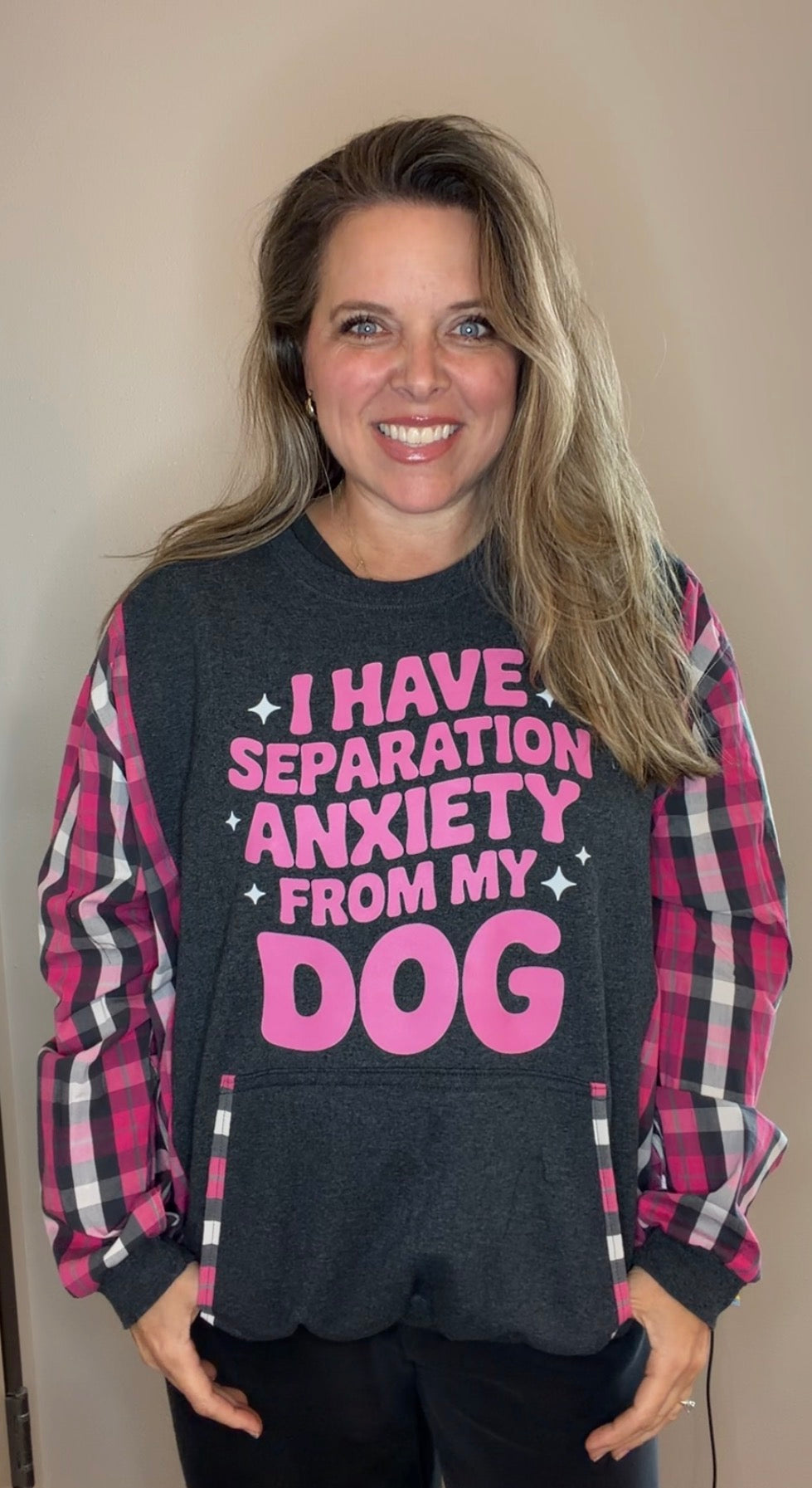Upcycled Dog Anxiety - woman's 1X - midweight sweatshirt with cotton sleeves