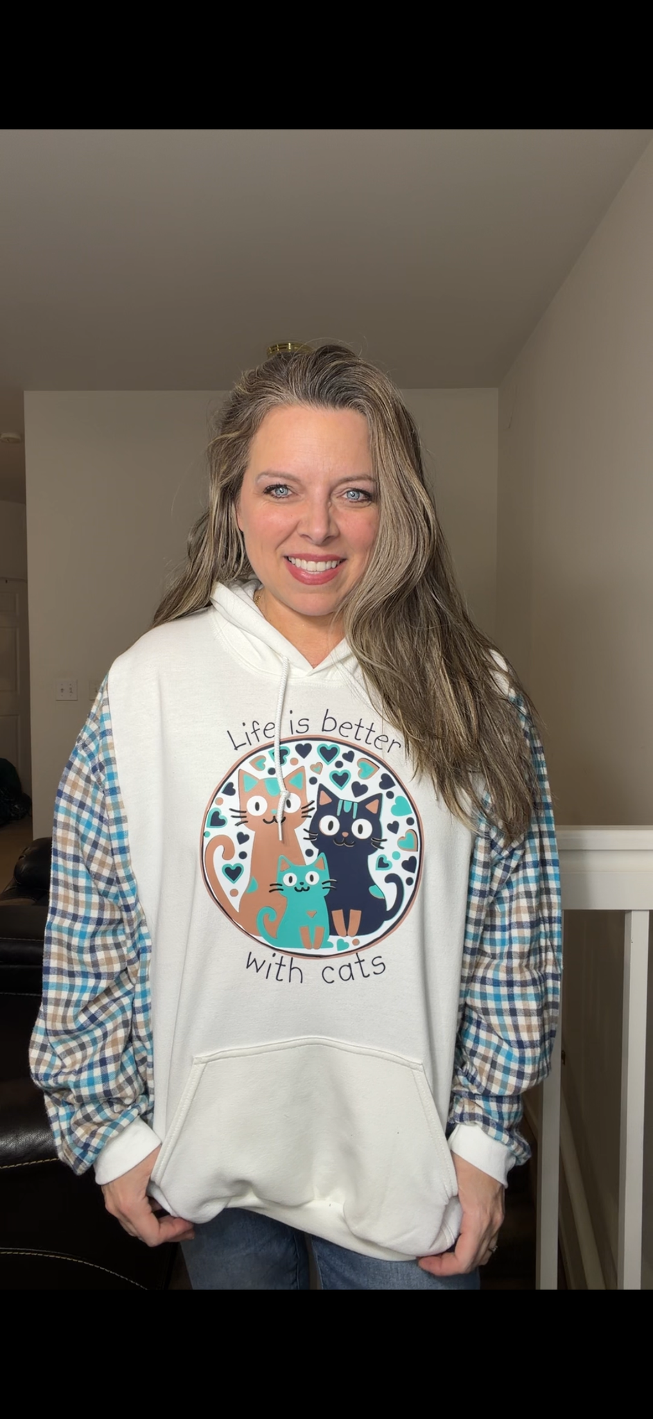 Upcycled Cats - women's 3X midweight sweatshirt with flannel sleeves