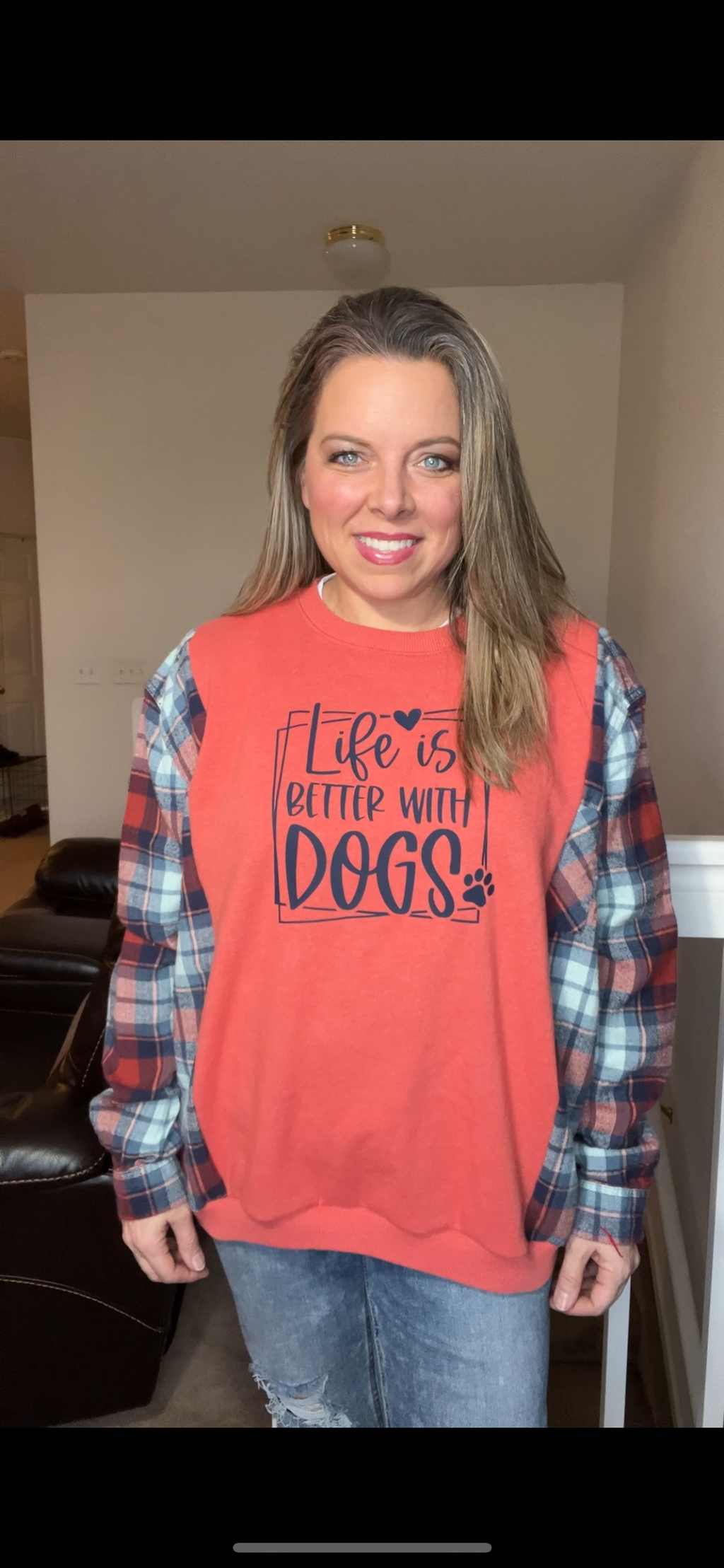 Upcycled Dogs– women’s XL – midweight sweatshirt with flannel sleeves￼