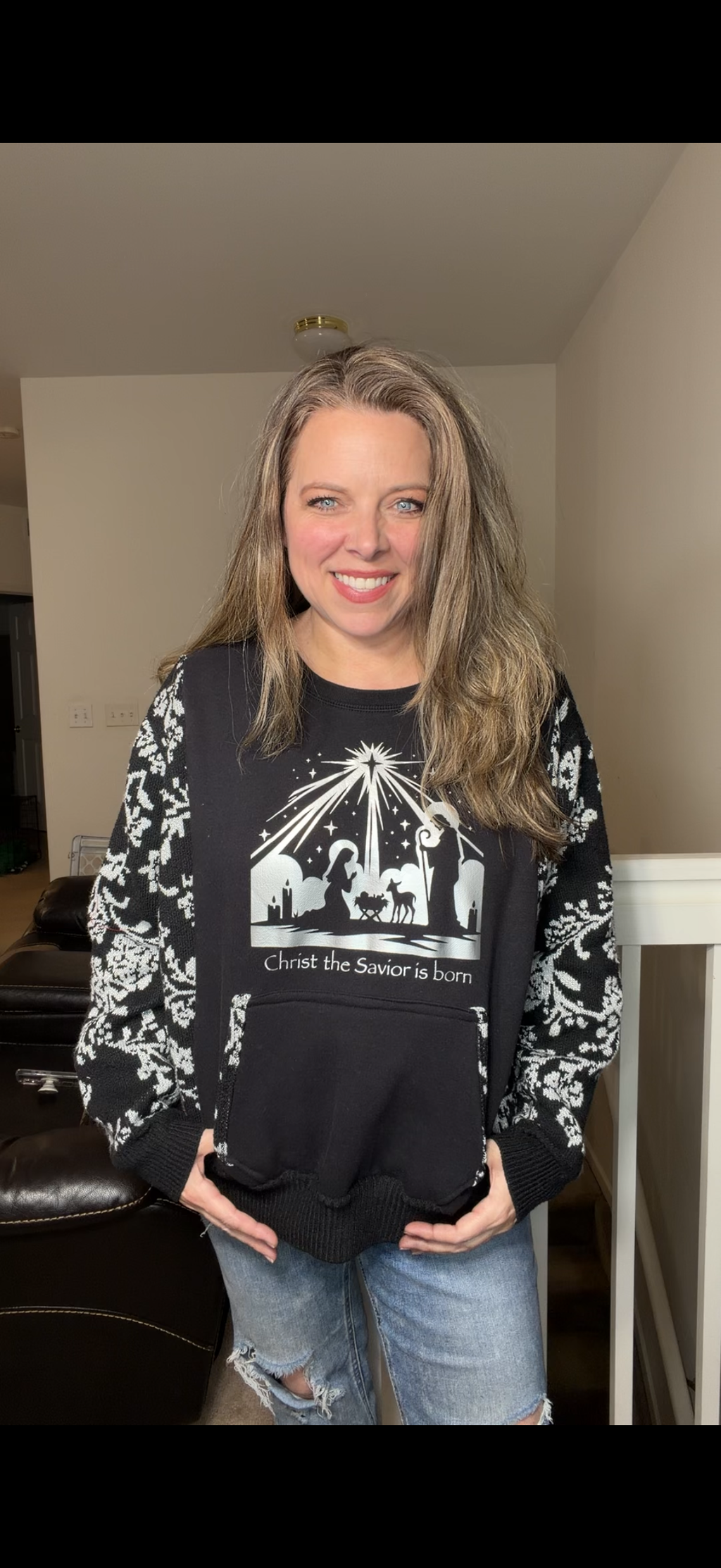 Upcycled Nativity – women's medium/large midweight sweatshirt with stretch sweater sleeves ￼