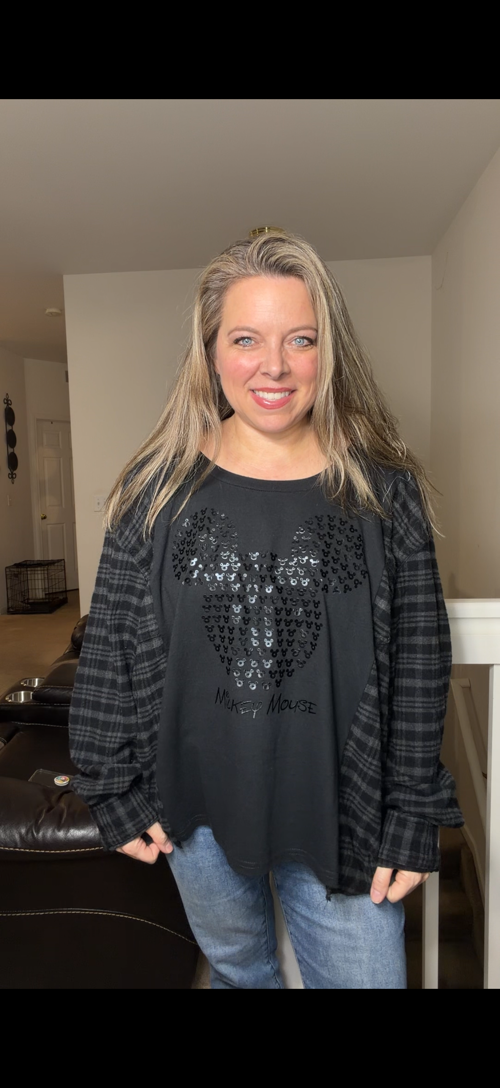 Upcycled Mickey - women's 1X T-shirt with flannel sleeves