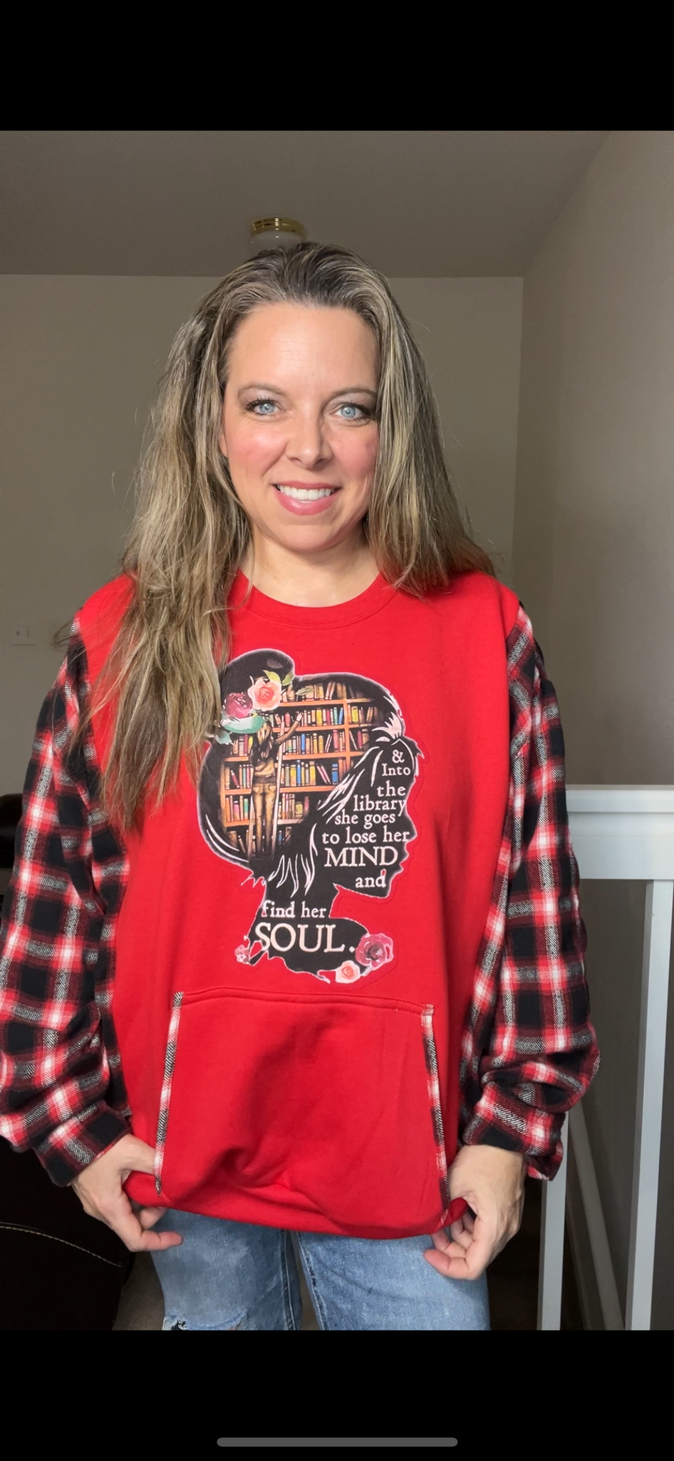 Upcycled Library – women’s 2X midweight sweatshirt with flannel sleeves