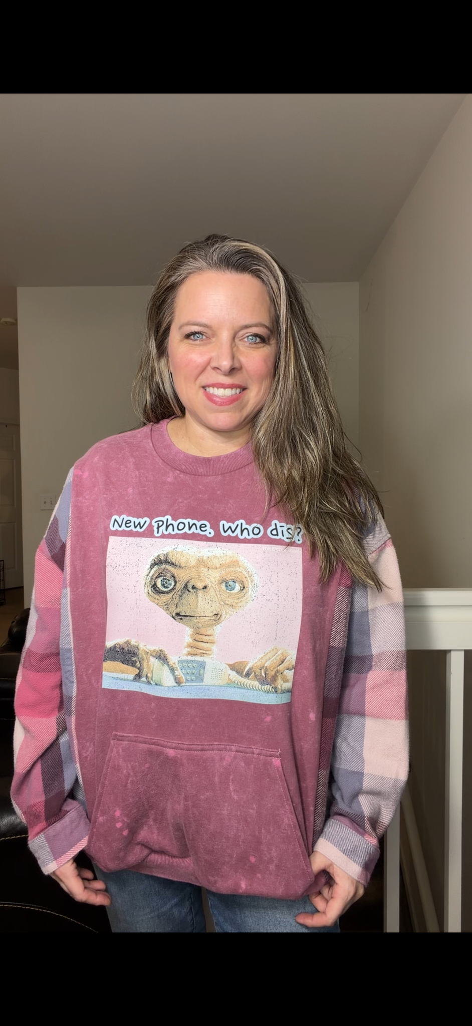 Upcycled ET - women's 1X/2X midweight sweatshirt with thick flannel sleeves