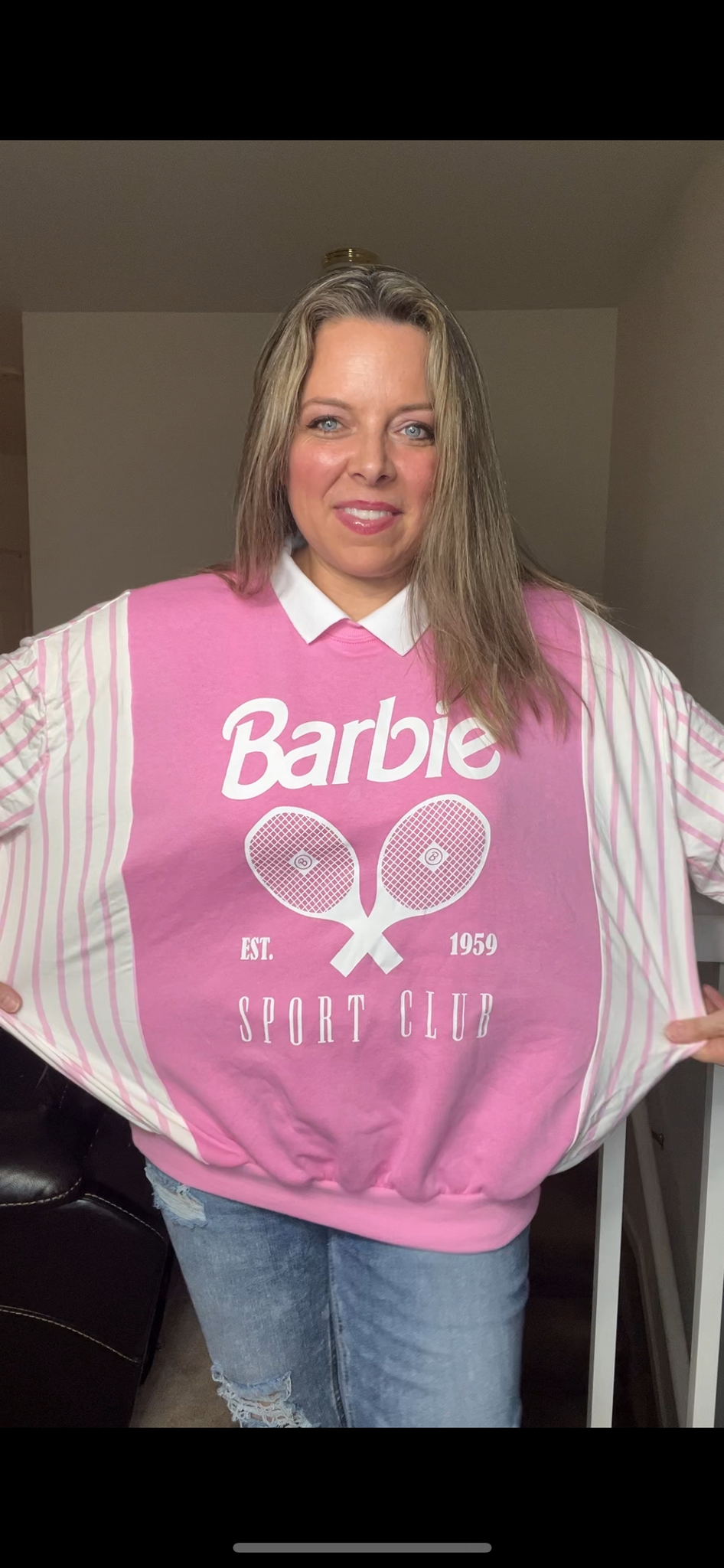 Upcycled Barbie – women’s XL midweight sweatshirt with stretch jersey sleeves￼