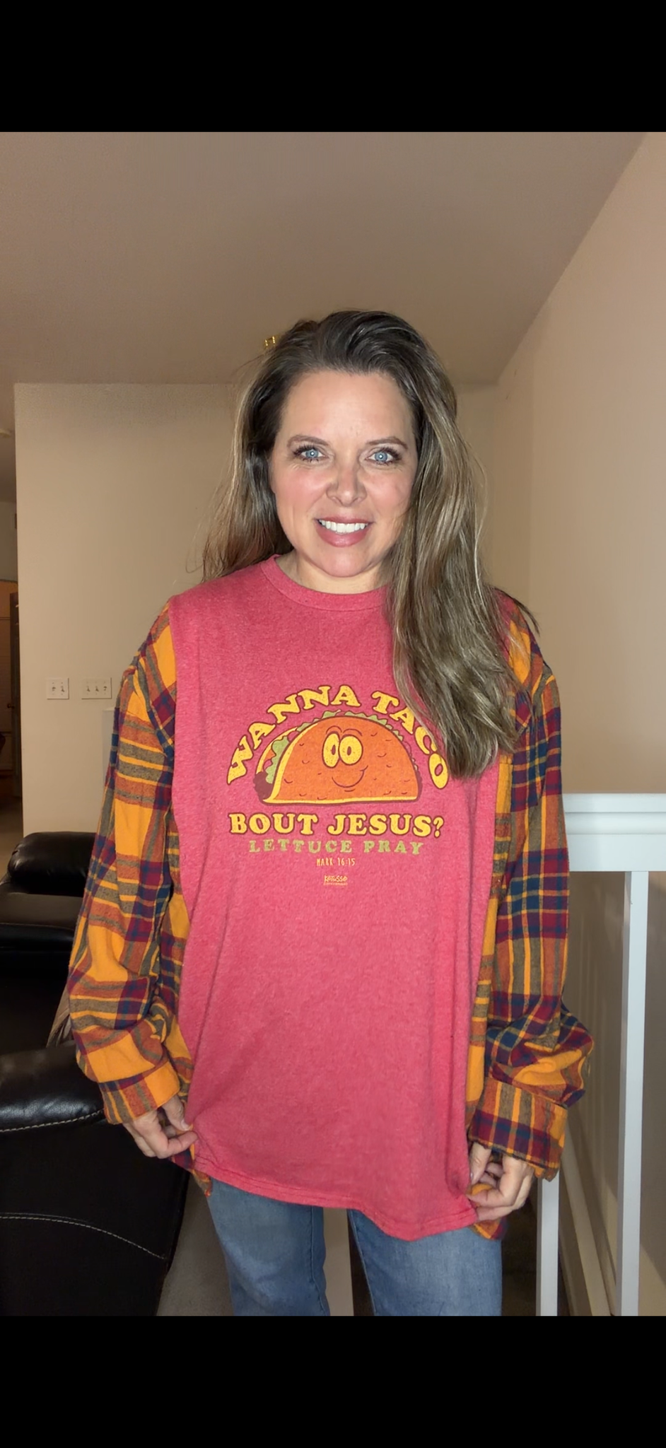 Upcycled Taco Jesus - women's 2X long - tshirt with flannel sleeves