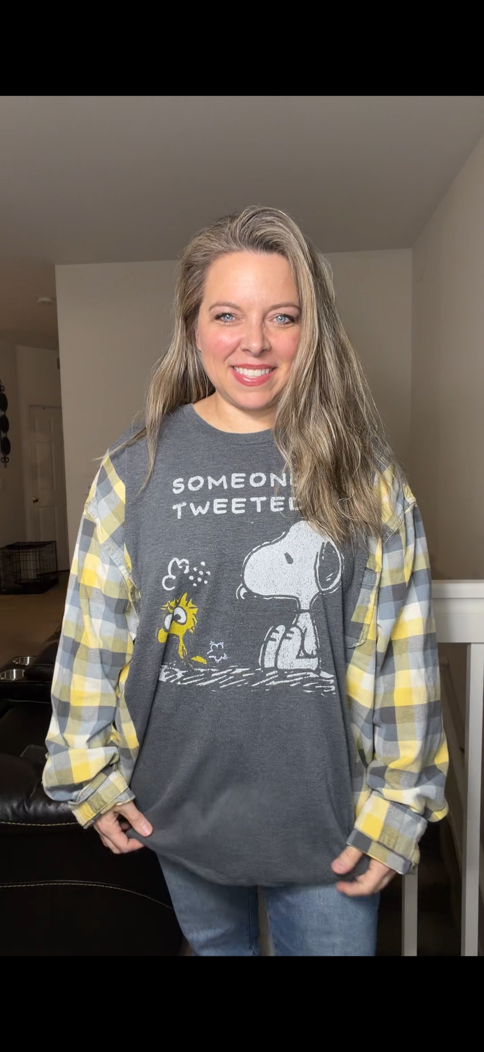 Upcycled Tweeted - women's 4X T-shirt with flannel sleeves