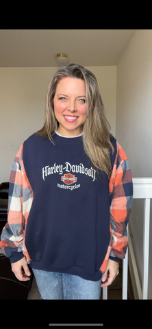 Upcycled Harley – women’s XL/1X – midweight sweatshirt with flannel sleeves￼