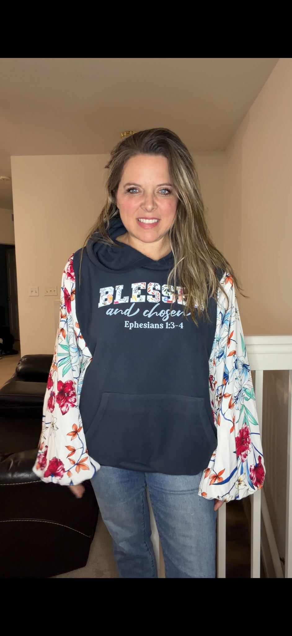 Upcycled Blessed Flowers - women's XL midweight sweatshirt with silky sleeves