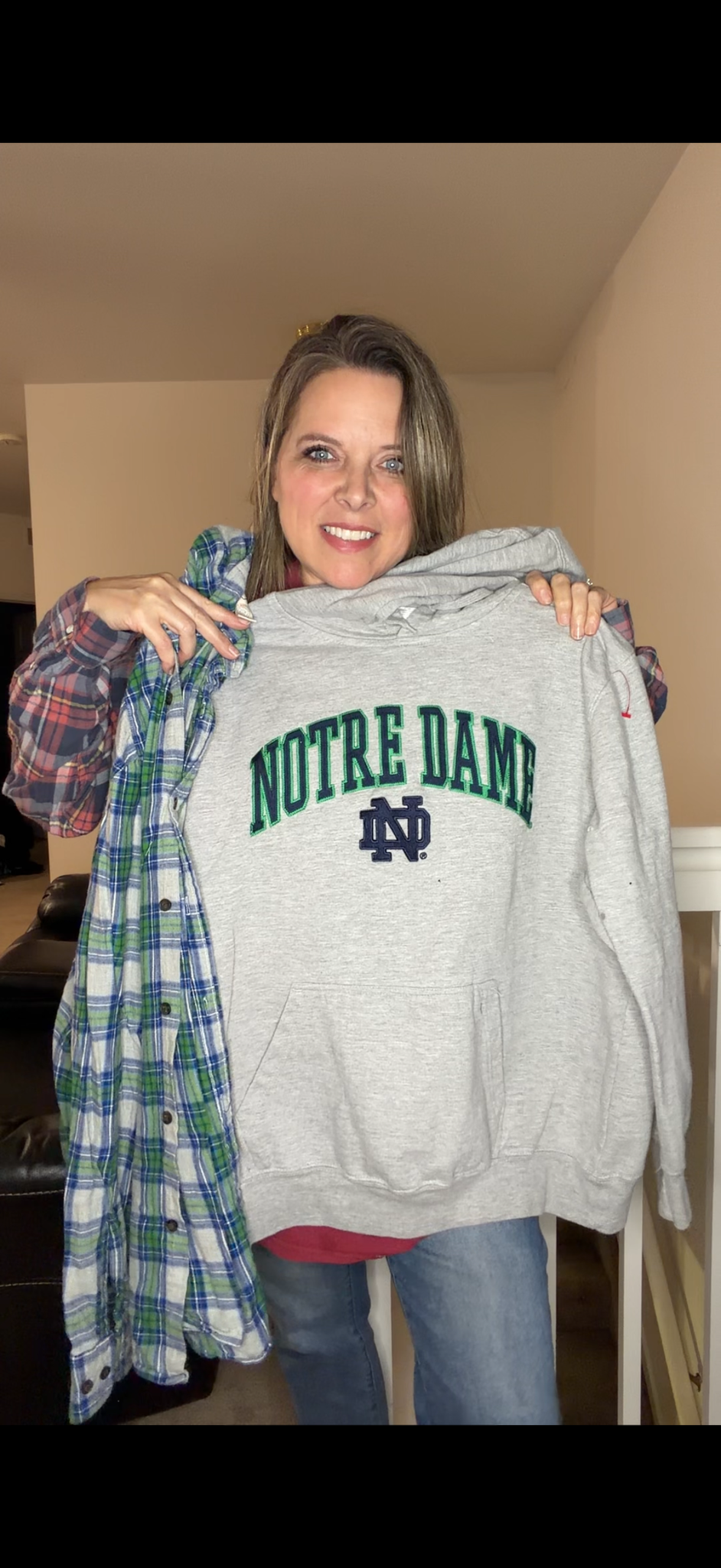 Upcycled Notre Dame - pick size between woman's XS/2X - midweight Sweatshirt with flannel sleeves