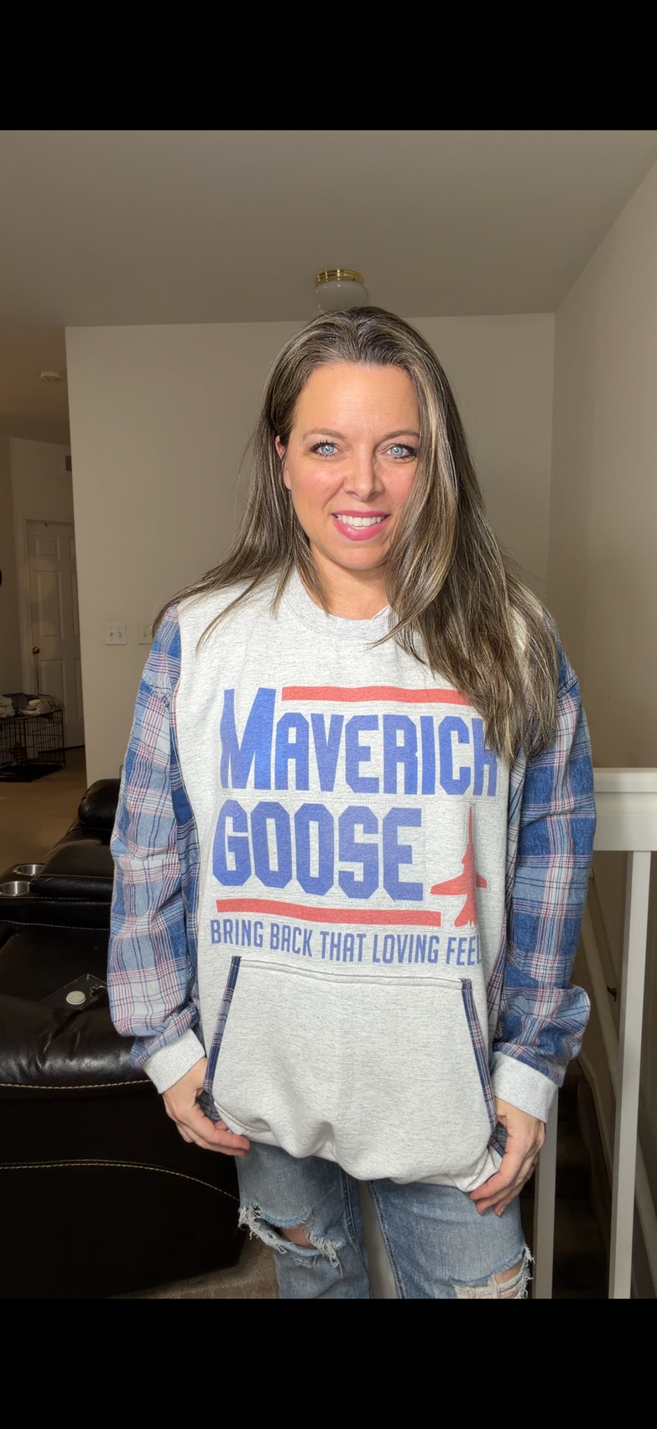 Upcycled Maverick – women's 3X midweight sweatshirt with flannel sleeves