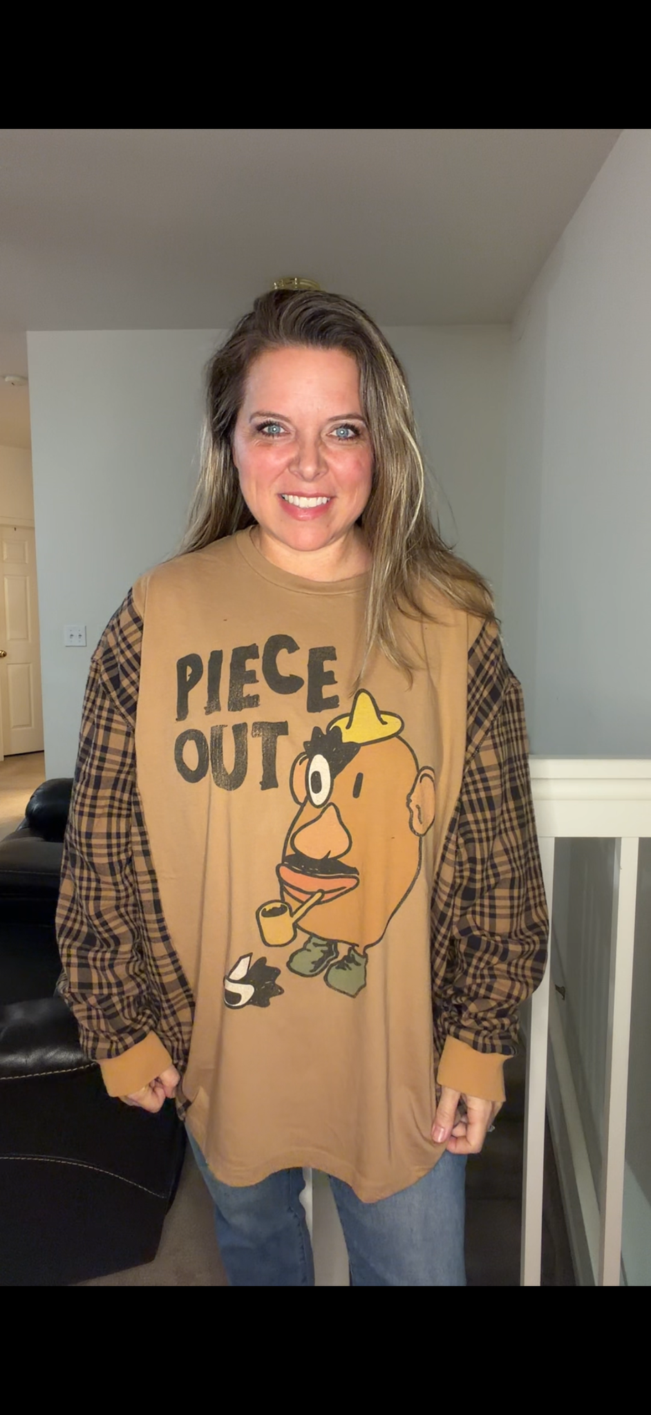 Upcycled Potato Head - women's 5X T-shirt with flannel sleeves