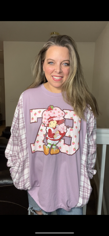 Upcycled Strawberry Shortcake – women’s 2X T-shirt with flannel sleeves – sleeves slightly more narrow ￼
