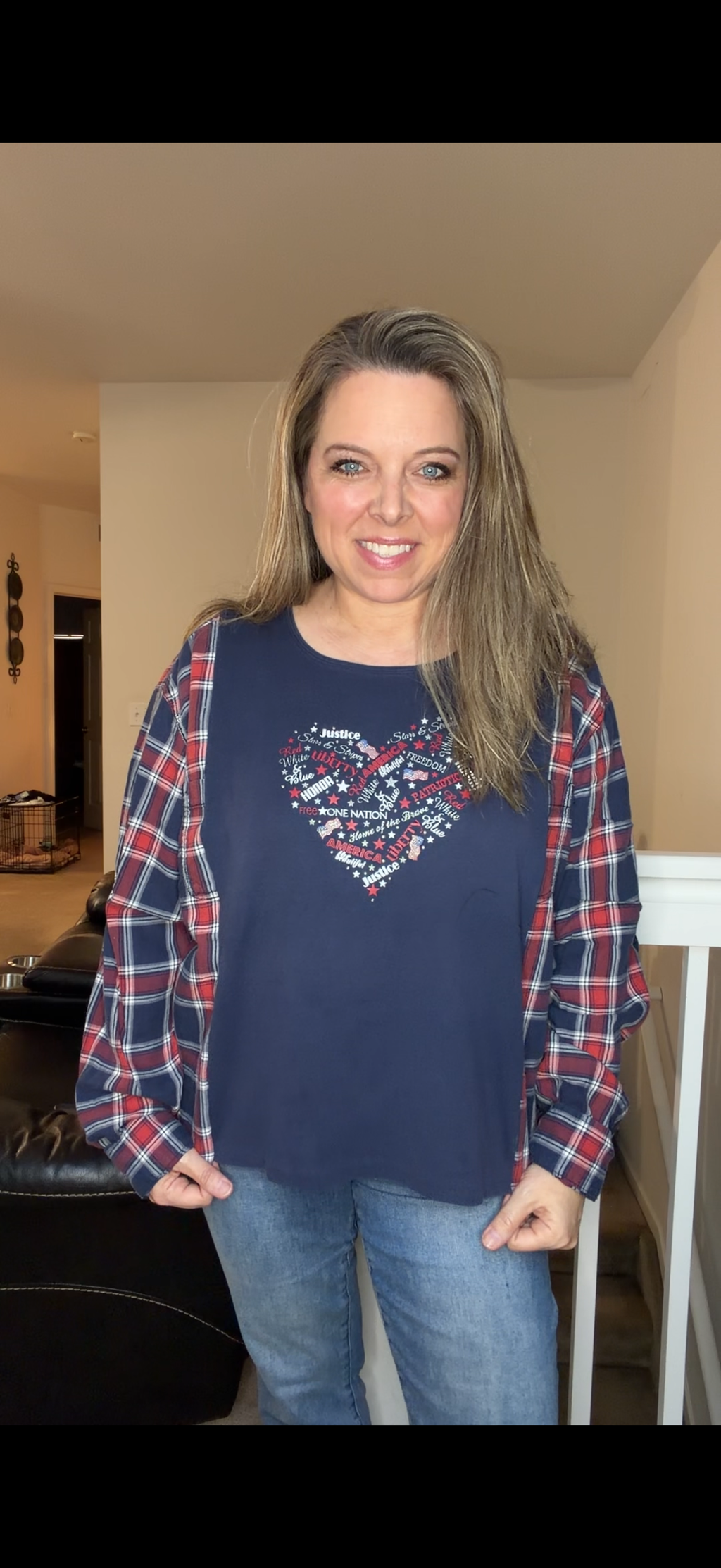 Upcycled Patriotic Heart - women's small/medium T-shirt with flannel sleeves
