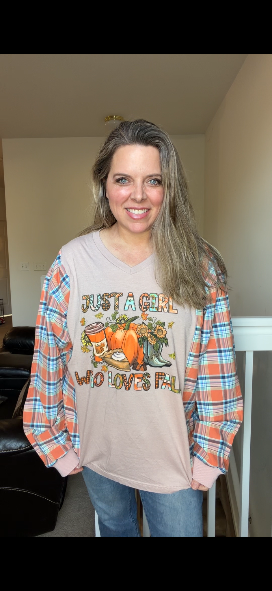 Upcycled Loves Fall - women's 1X T-shirt with flannel sleeves