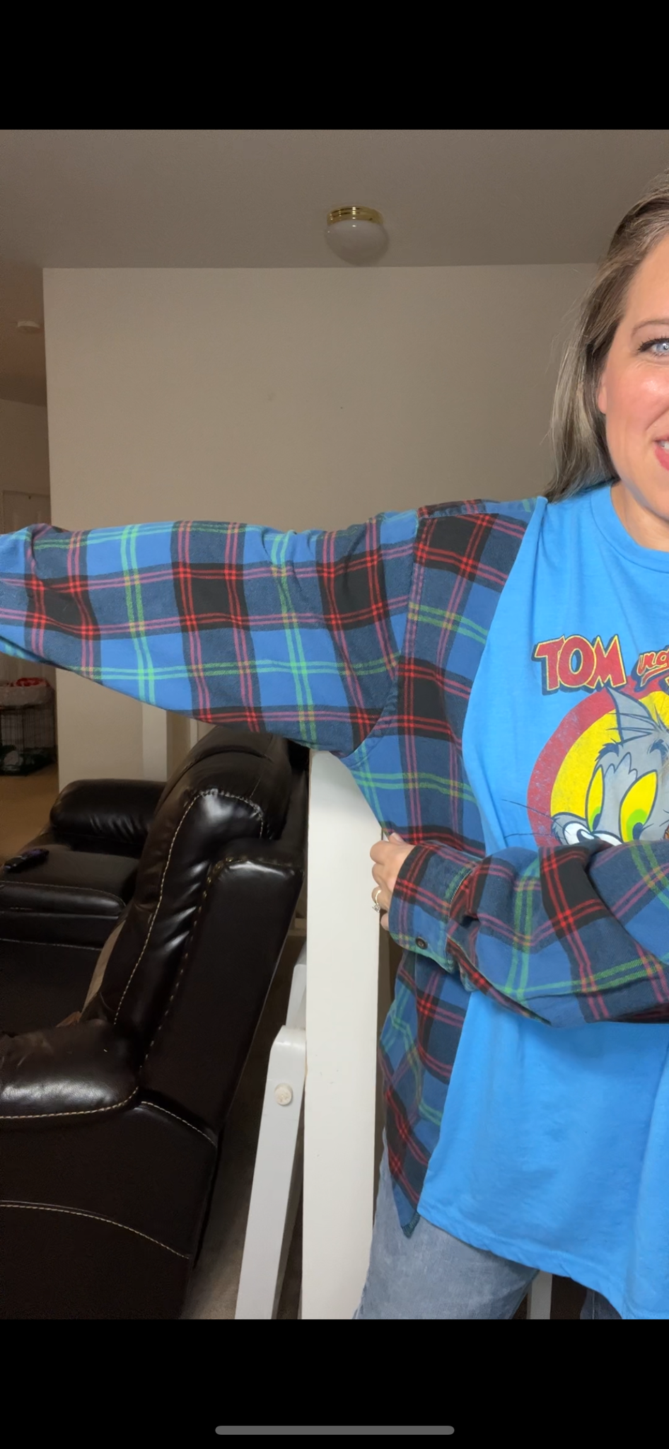 Upcycled Tom and Jerry – women’s 2X T-shirt with flannel sleeves