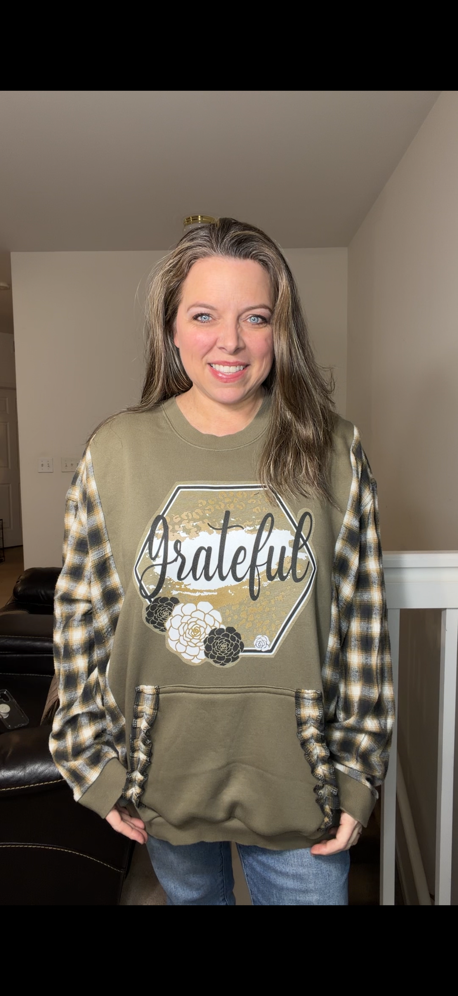 Upcycled Grateful - Women's 3X midweight sweatshirt with flannel sleeves