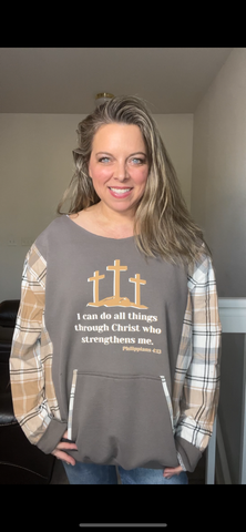 Upcycled Christ – women’s 2X/3X midweight sweatshirt with flannel sleeves