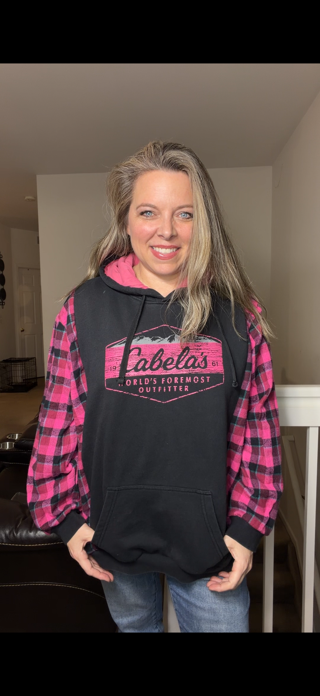 Upcycled Cabelas - women's 1X midweight sweatshirt with flannel sleeves