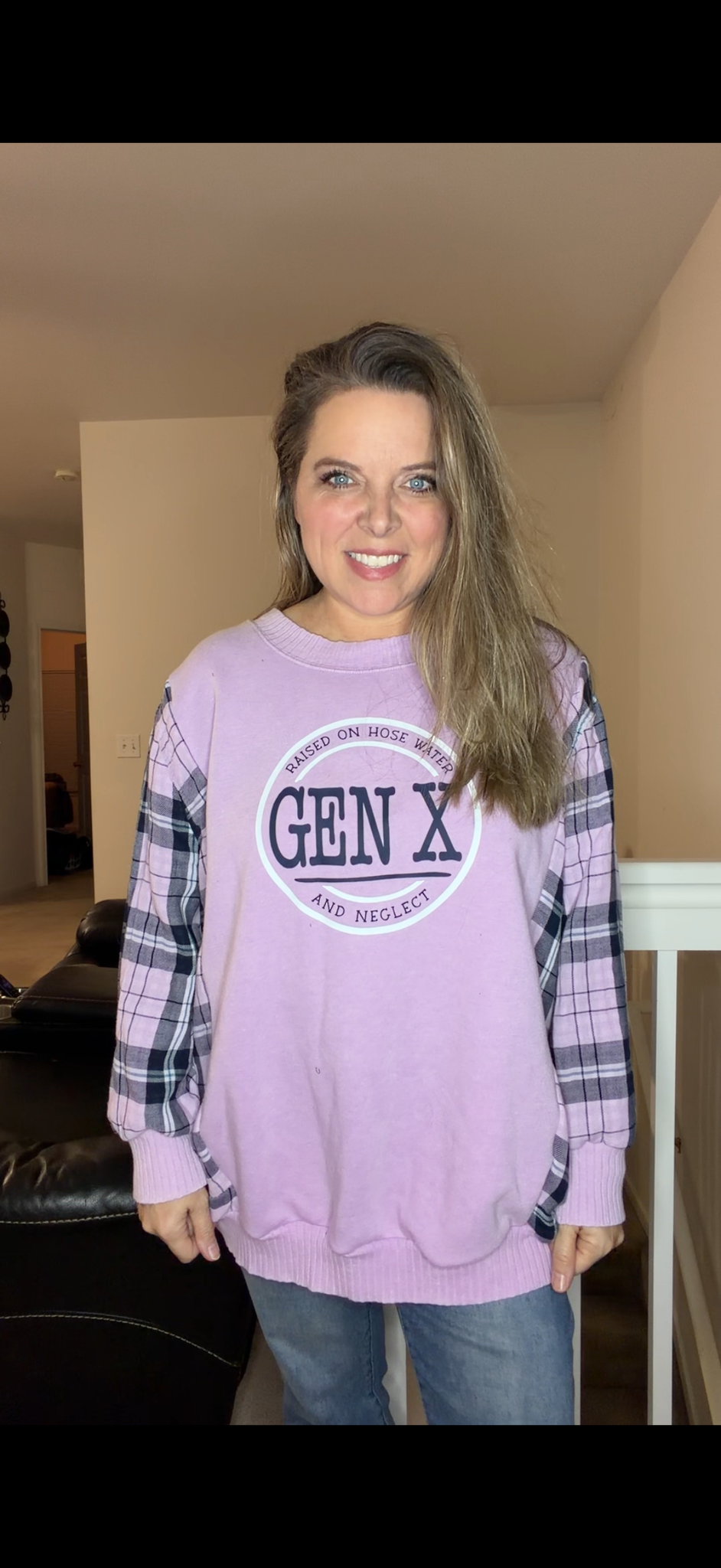 Upcycled Gen X - women's 3X/4X midweight Sweatshirt with flannel sleeves