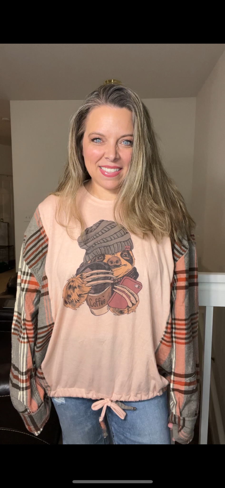 Upcycled Sloth – women’s 2X T-shirt with flannel sleeves