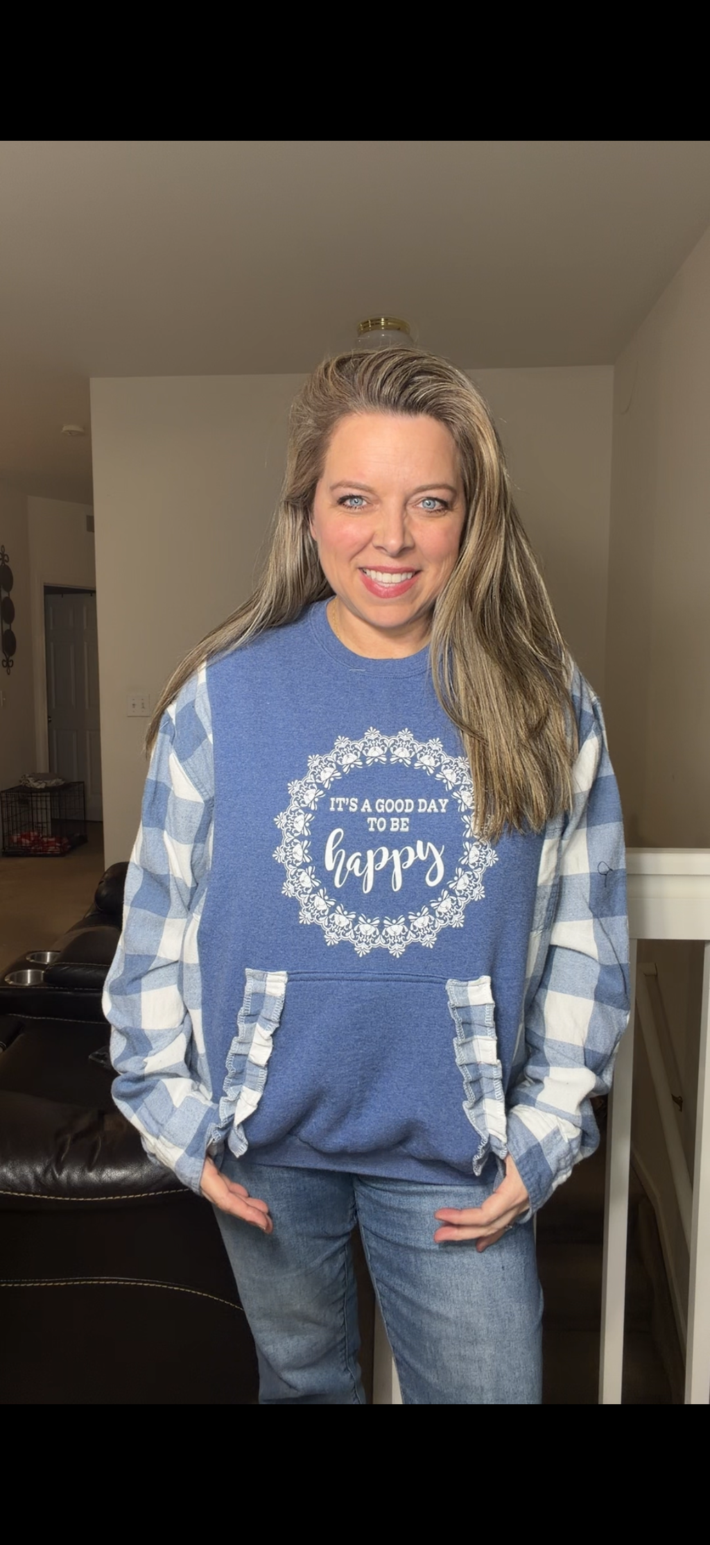 Upcycled Happy - women's small/medium midweight sweatshirt with flannel sleeves