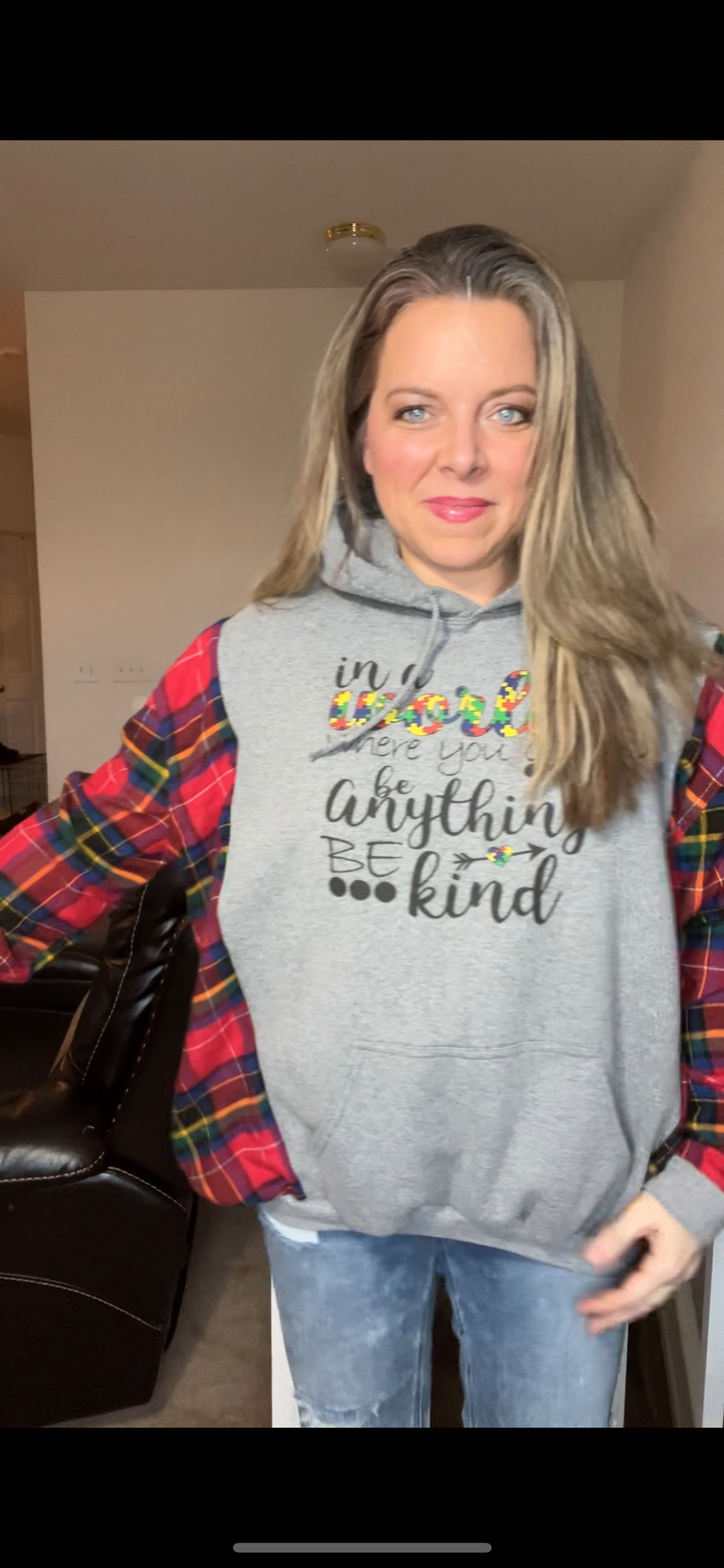 Upcycled Be Kind – women’s XL/1X – midweight sweatshirt with flannel sleeves￼