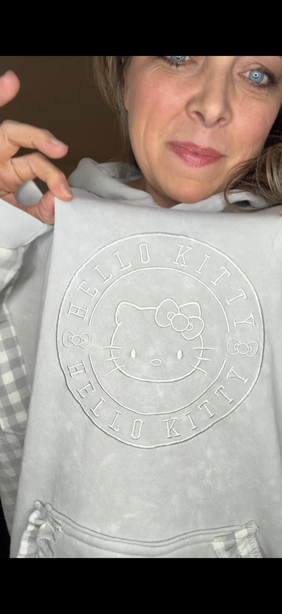 Upcycled Hello Kitty - women's 2X/3X midweight sweatshirt with flannel sleeves