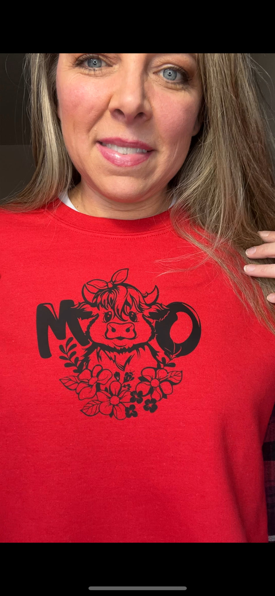 Upcycled Highland Cow Red - women’s 1X/2X – midweight sweatshirt with thick flannel sleeves ￼
