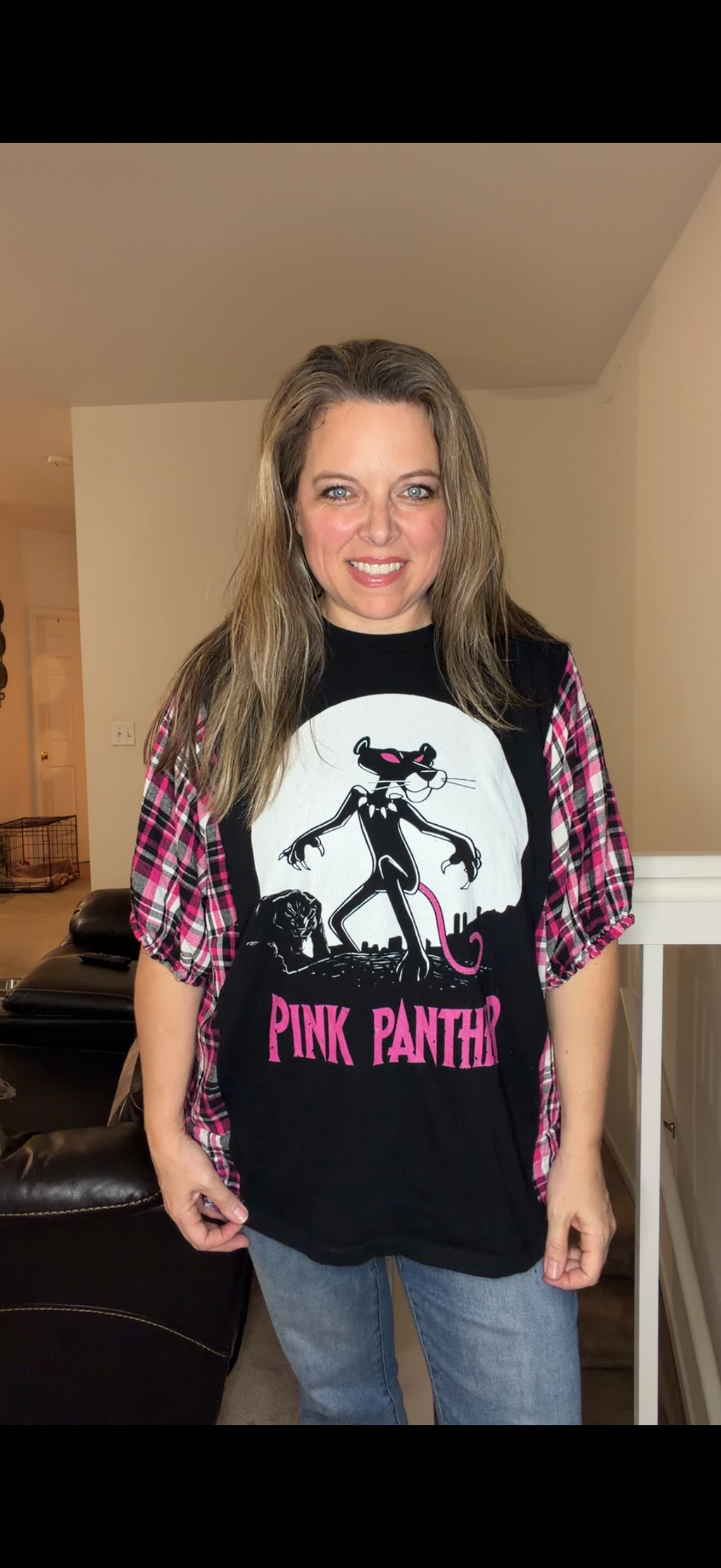 Upcycled Pink Panther - women's large T-shirt with short sleeves