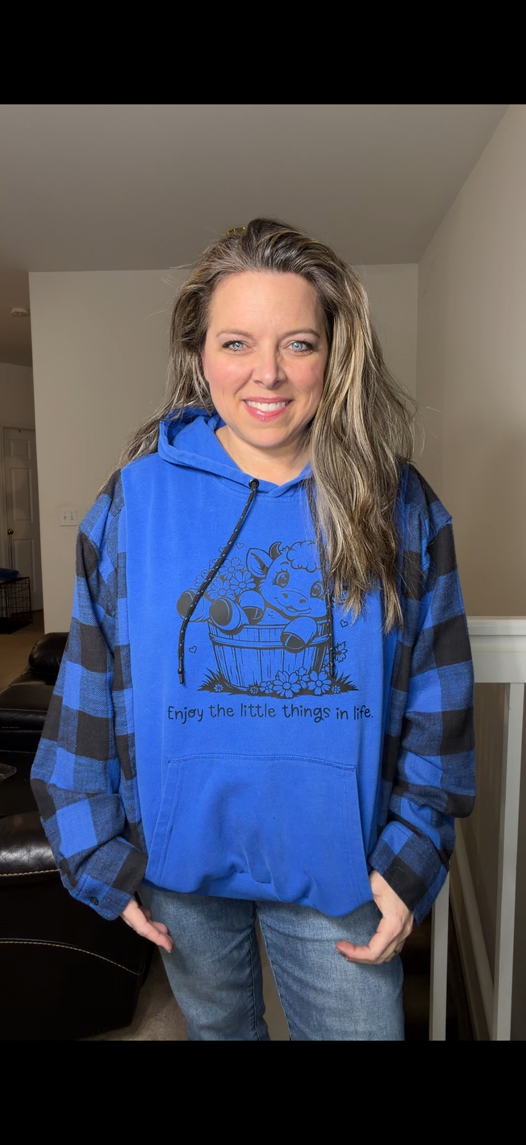 Upcycled Cow - women's large/XL midweight sweatshirt with flannel sleeves