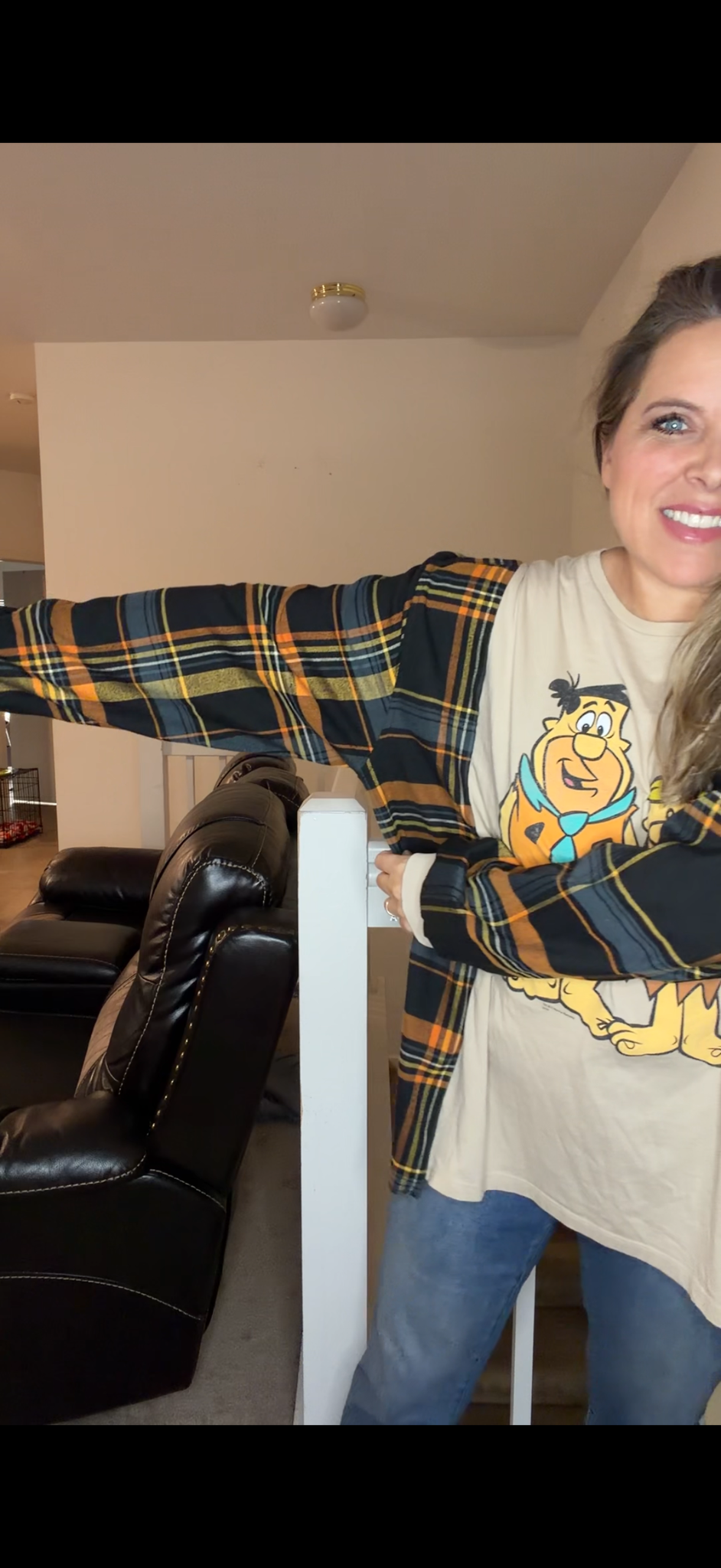 Upcycled Flinstones - women's 1X T-shirt with flannel sleeves