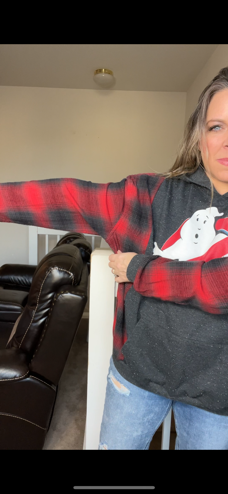 Upcycled Ghostbusters – women’s XL/middleweight sweatshirt with flannel sleeves – sleeves slightly more narrow