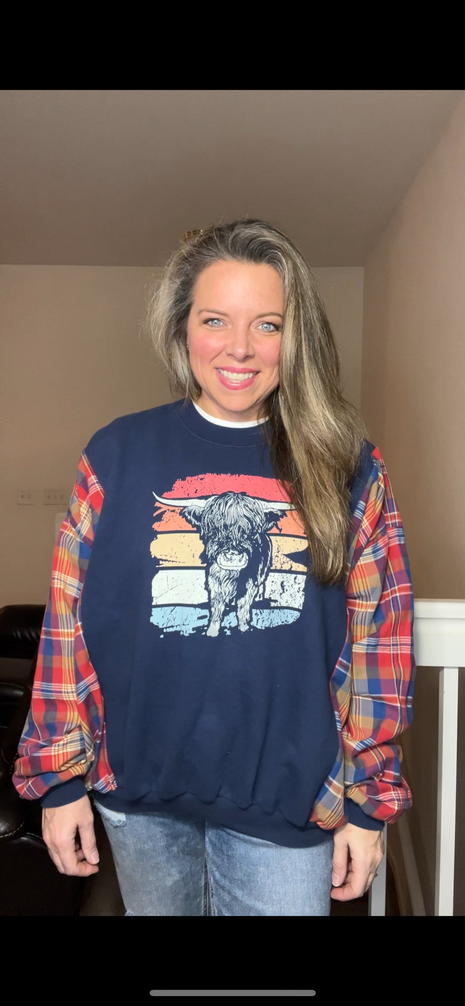 Highland Cow - woman’s LARGE - midweight sweatshirt with thin flannel sleeves