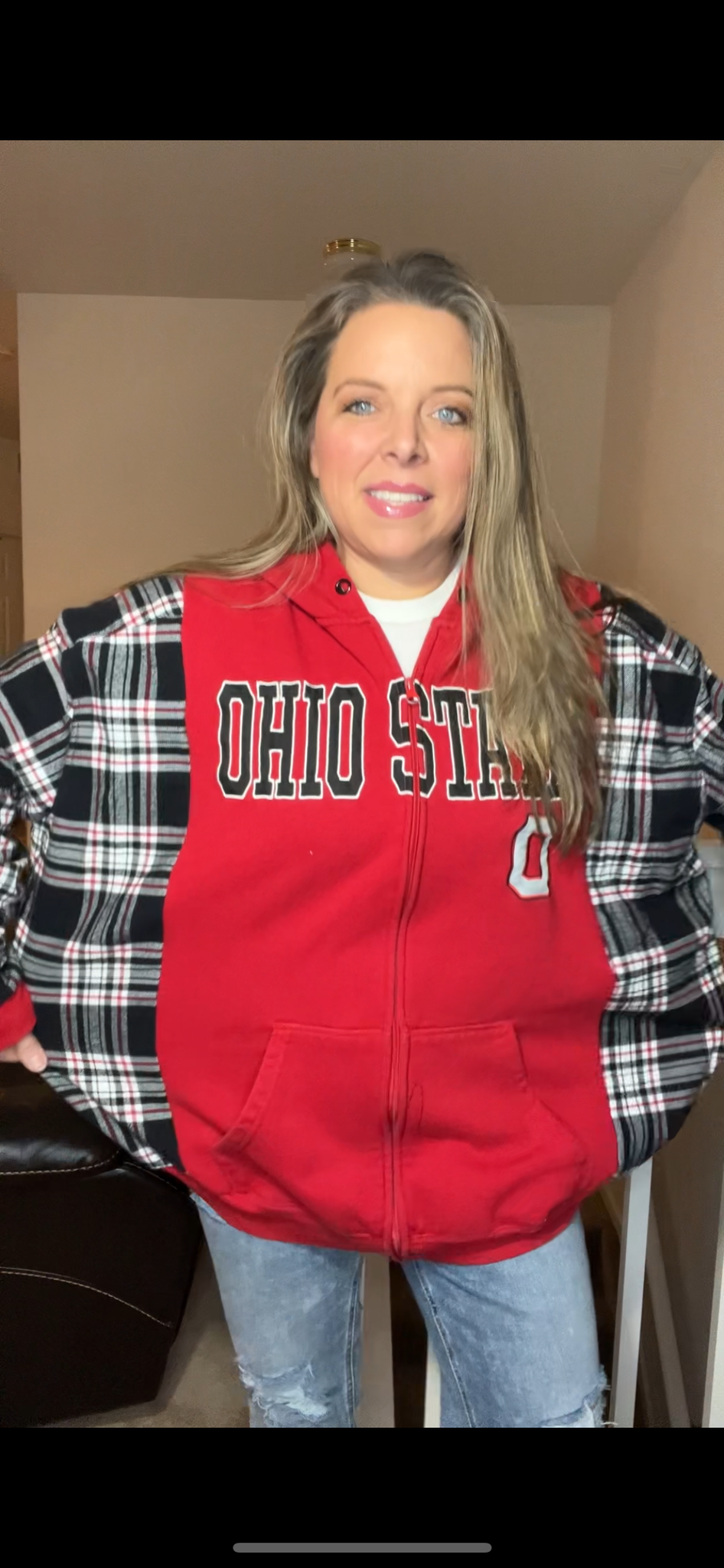 Upcycled Ohio Zip-Up - Women’s 1X - thick sweatshirt with thick flannel sleeves￼