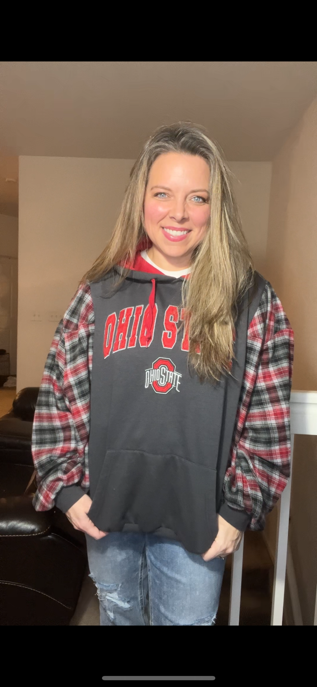 Upcycled Ohio State – women’s L/XL - soft, thick sweatshirt with flannel sleeves￼