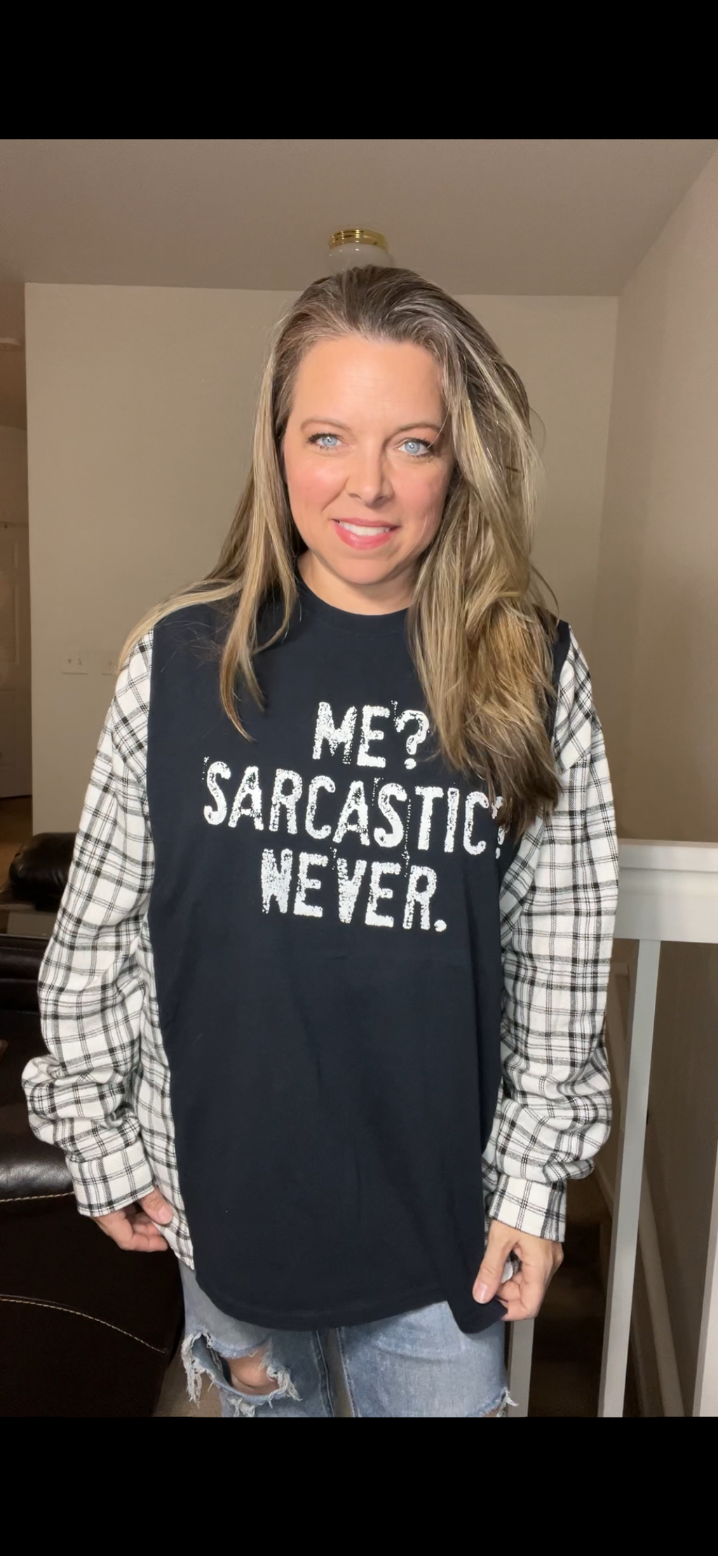 Upcycled Sarcastic – women’s XL T-shirt with flannel sleeves