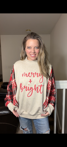 Upcycled Merry and bright – women’s 2X midweight sweatshirt with flannel sleeves