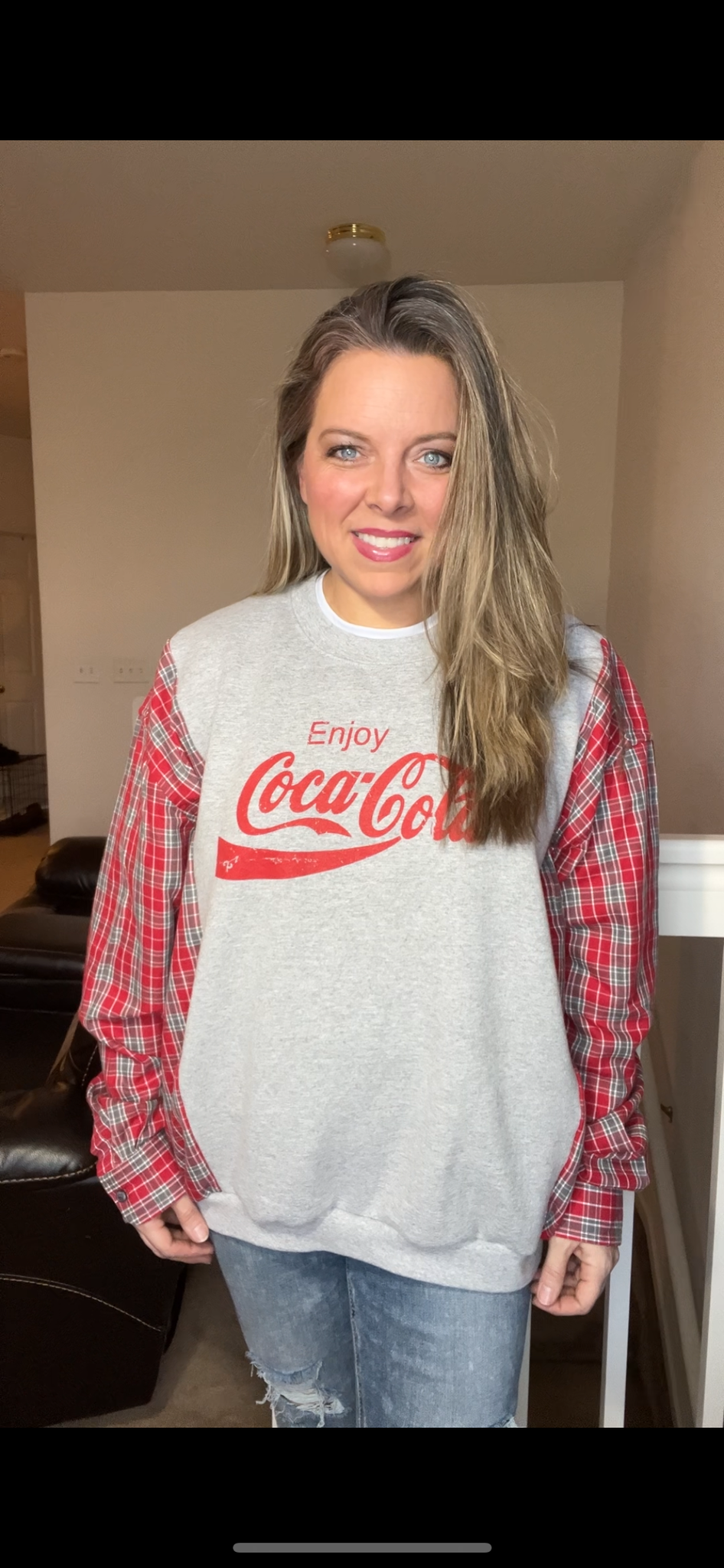 Upcycled Coca Cola - Women’s 1X – midweight sweatshirt with flannel sleeves￼