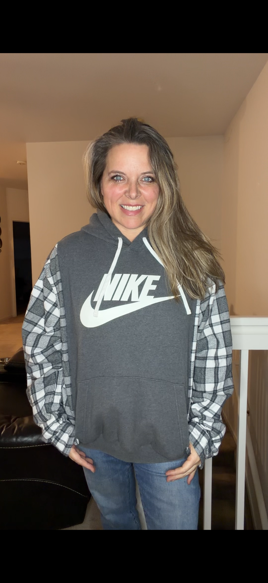 Upcycled Nike - women's large/XL midweight sweatshirt with flannel sleeves
