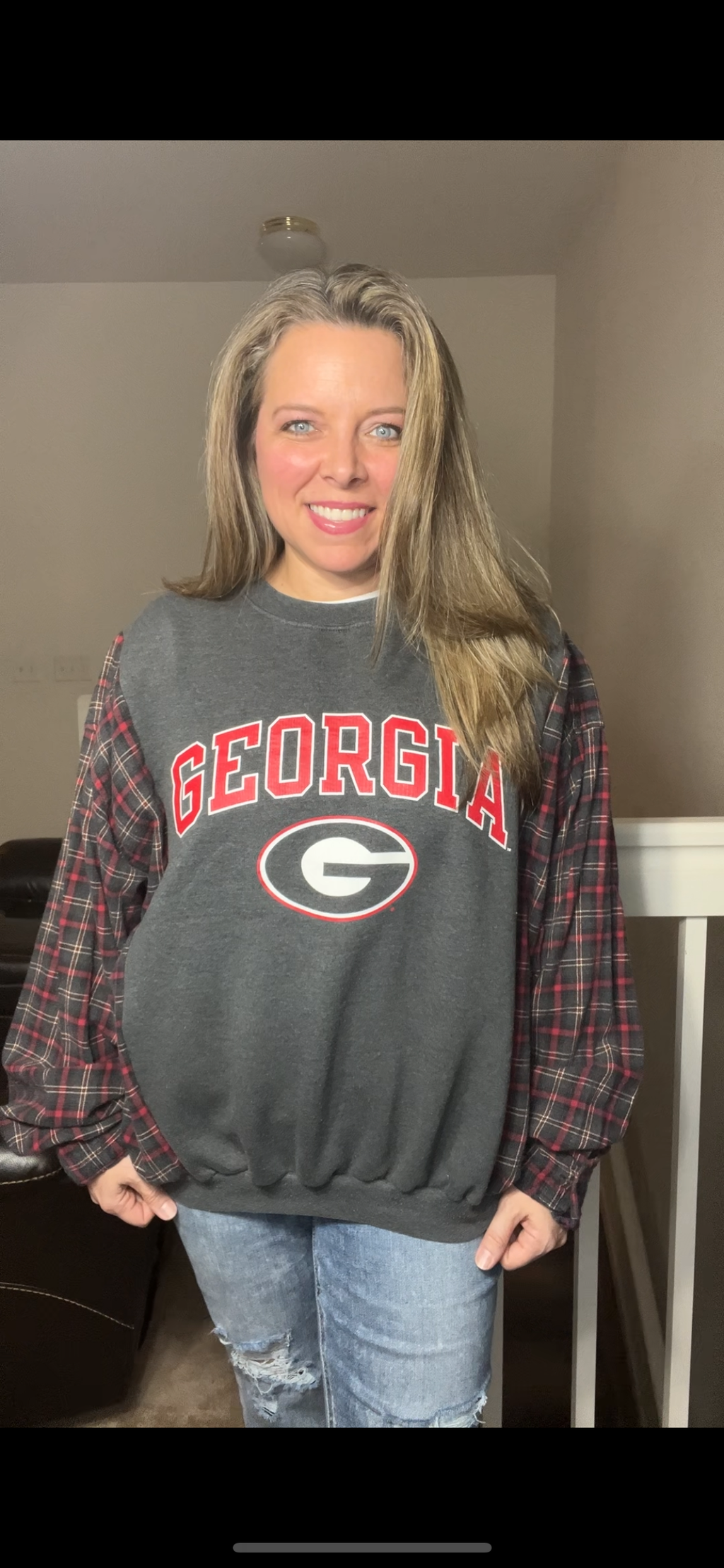 Upcycled Georgia – woman’s L/XL - midweight sweatshirt with flannel sleeves – wide but Shorter￼