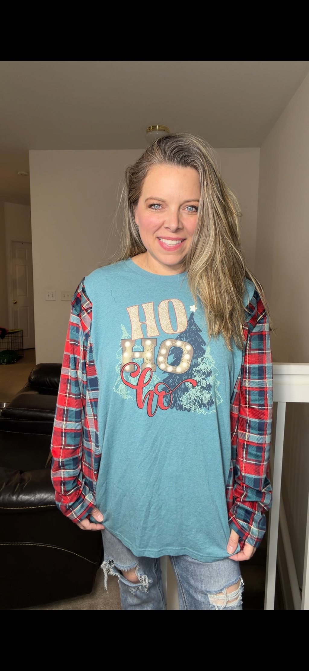 Upcycled ho ho ho – women's 3X T-shirt with stretchy sleeves ￼