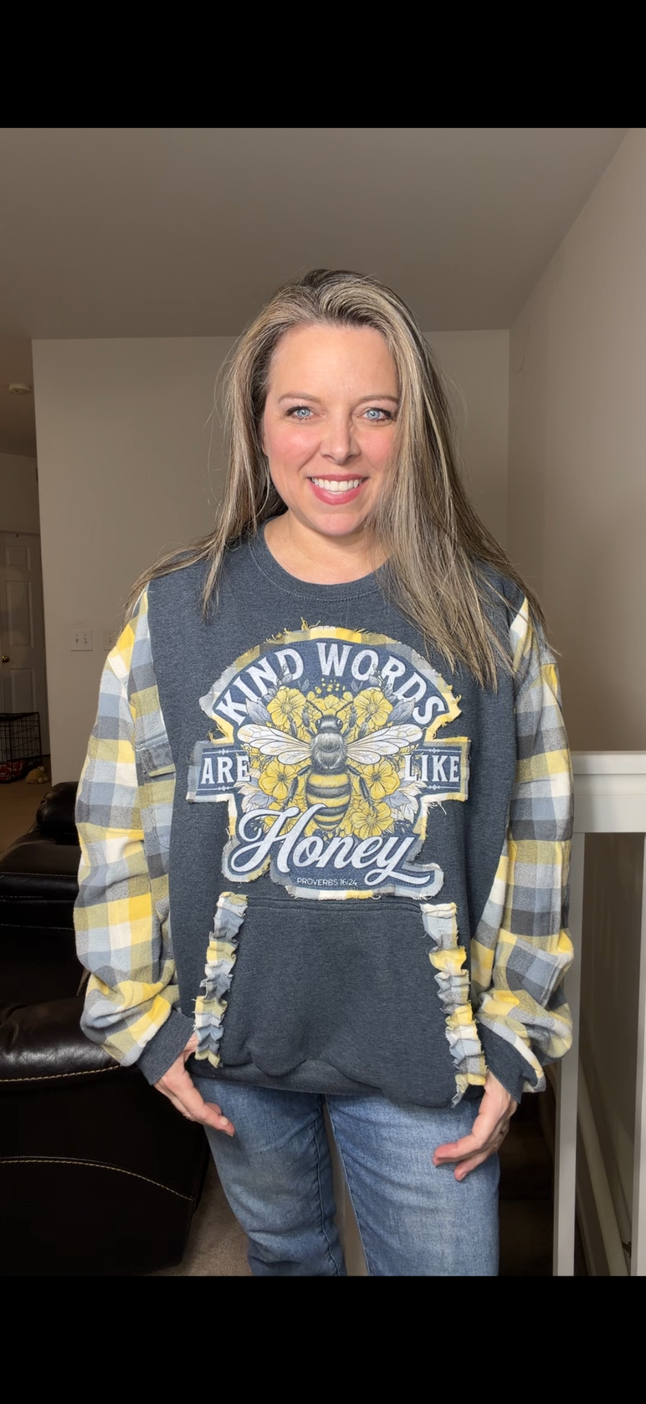 Upcycled Honey - women's 1X midweight sweatshirt with flannel sleeves