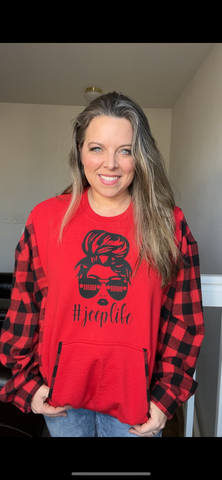 Upcycled Jeep girl – women’s XL/1X – Midway sweatshirt with flannel sleeves