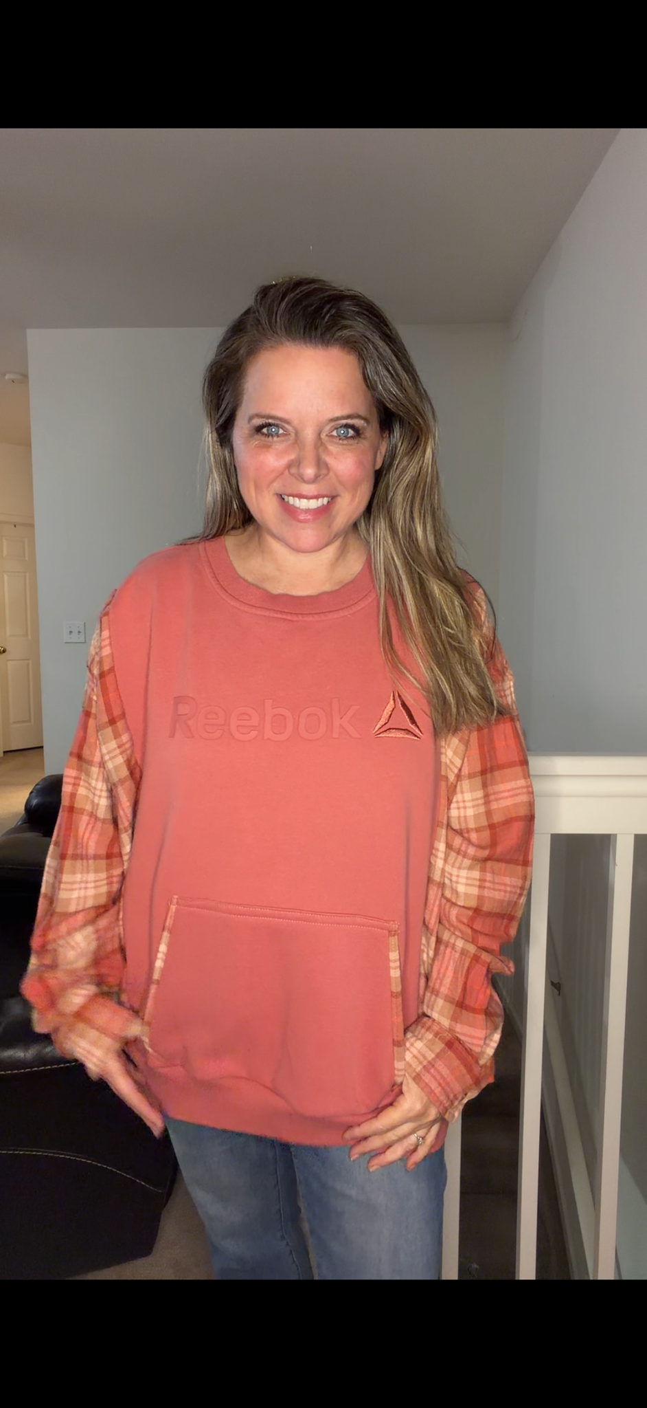 Upcycled Reebok - women's 3X midweight sweatshirt with flannel sleeves